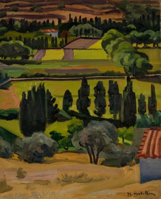 Andros Fields and Cypresses — Oil painting, Canvas, 38.00×40.00cm — Theodoros Markellos